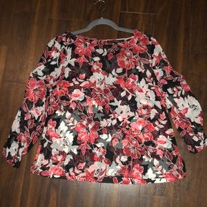 White House Black Market floral tie-sleeve boatneck blouse. Size 12